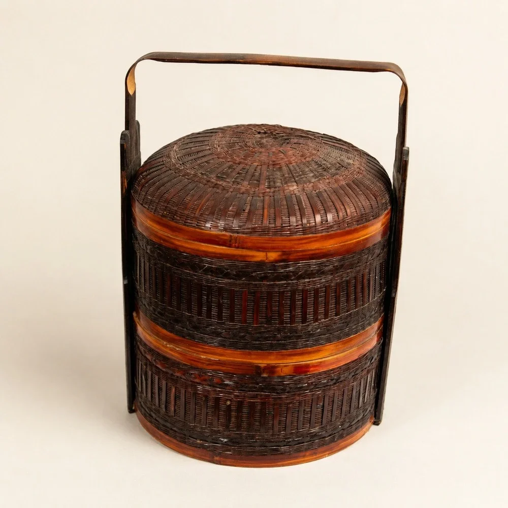 Vintage Chinese Wedding Basket 2 Tier Woven Bamboo Lacquered Picnic Carrier